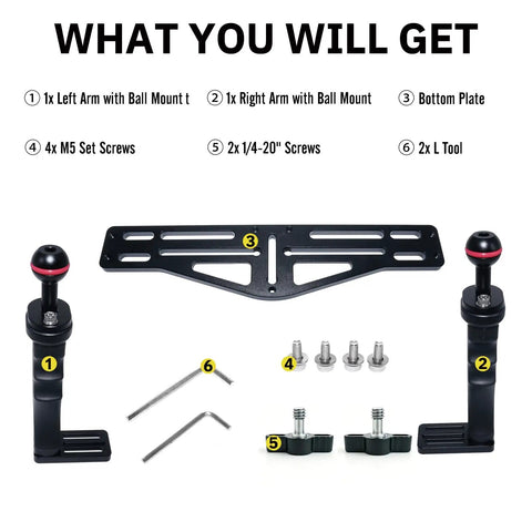 Beefy Dual Handle Underwater Camera Tray Bracket with arms, bottom plate, screws, and tools for stable shots on various housings