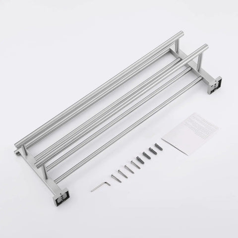 Rustproof Double Towel Rack With 23.3 Inch Wall Mount Shelf In SUS304 Stainless Steel Brushed Finish assembly components