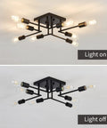 8 Light Semi Flush Mount Ceiling Light Fixture Dope Modern Metal Black Sputnik Chandelier With E26 Base, light on and off.