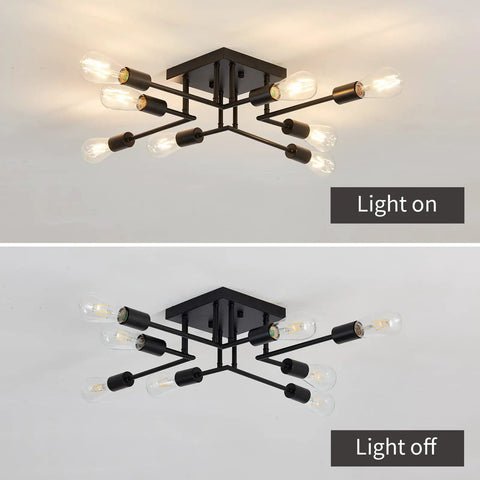 8 Light Semi Flush Mount Ceiling Light Fixture Dope Modern Metal Black Sputnik Chandelier With E26 Base, light on and off.