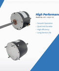 Two views of AC Condenser Fan Motor Heavy Duty One Quarter HP 208-230V 1075RPM 1.4A with 10uf Capacitor, 48 Frame, reversible rotation