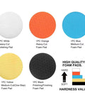Badass 6-Inch Foam Buffing Pads for Cars, Heavy-Duty Polisher Pads in white, orange, blue, yellow, and black foam pads.