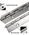 Close-up of Six Pack 12 Inch Piano Hinge Heavy Duty Continuous Hinge With Pre Drilled Mounting Holes For Cabinets Boat And Marine Doors Top Shelf 304 Stainless Steel showing finished screw holes.