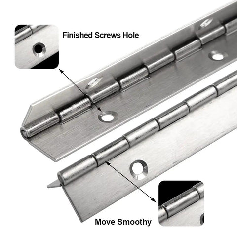 Close-up of Six Pack 12 Inch Piano Hinge Heavy Duty Continuous Hinge With Pre Drilled Mounting Holes For Cabinets Boat And Marine Doors Top Shelf 304 Stainless Steel showing finished screw holes.