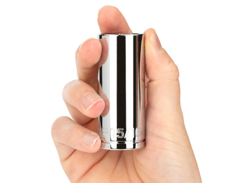 Hand holding a chrome socket from Beefy 1/2 Inch Drive Deep Socket Set, 19-Piece Deep 6-Point SAE Sockets From 3/8 To 1-1/2 In
