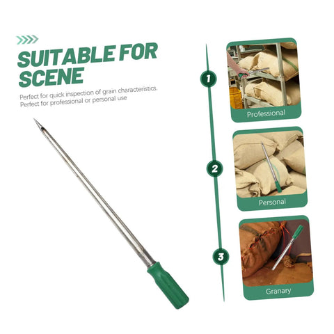 Stainless Steel Grain Sampler Tool With Handy Handle Compact Probe for sampling corn, rice, and wheat in various settings shown.