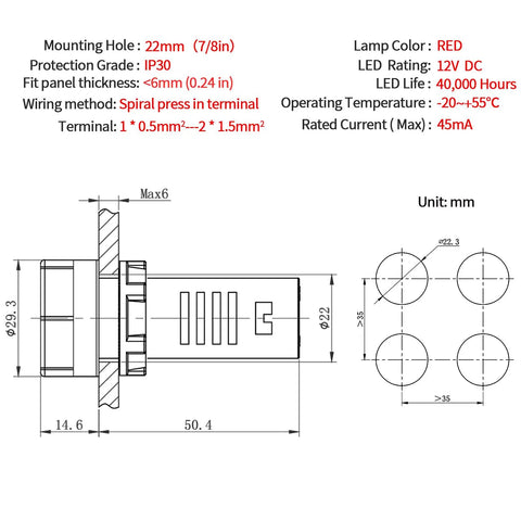 Technical diagram of 22mm Piezo Buzzer With Red Indicator Light 12V DC AC LED 7/8 Inch Mount Intermittent Beep Alarm Signal