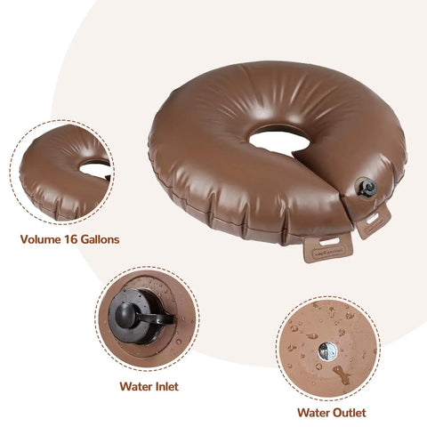 16 Gallon Tree Watering Bag Ring Heavy Duty PVC Plant Watering System, showing ring with inlet and outlet details for drip irrigation.