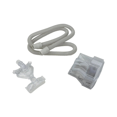 Keep It Fresh On The Daily With This Medium CPAP Ultrasonic Cleaner Equipped With A Stainless Steel Basin And Protective Basket To Deep Clean Masks Hoses And Sleep Apnea Gear, featuring a clear mask, hose, and parts.