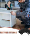 Person assembling furniture with drill, using Six Pack Stainless Steel Flat Furniture Joining Plates For Easy Wood Repair And Assembly.