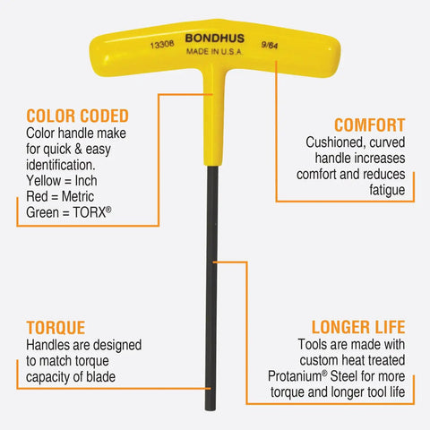 Yellow 9/64 inch T-handle from the Ten Piece Hex T Handle Set With Stand Includes Sizes 3/32 Through 3/8 Inch Cushioned Ergonomic Grip Pro Grade Tools Built Tough Made In The USA For Pro Techwork And Home Repairs