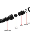 Exploded view of Five Pack NPT Half Inch Cable Glands With Strain Relief IP68 Waterproof Cable Gland With Adjustable Locknut components.