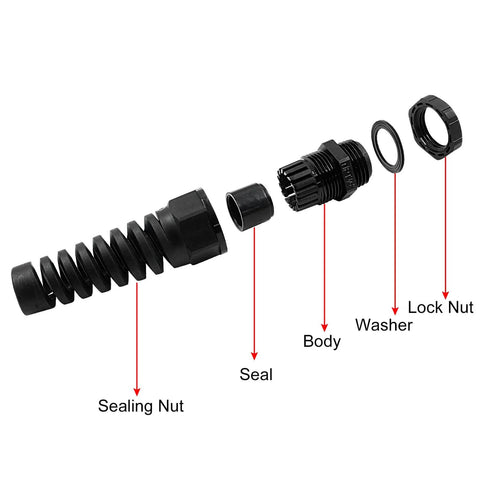 Exploded view of Five Pack NPT Half Inch Cable Glands With Strain Relief IP68 Waterproof Cable Gland With Adjustable Locknut components.