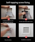 8x8 inch aluminum access panel with vent louvers; four-step installation guide shown.