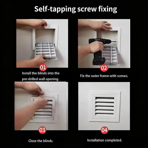 8x8 inch aluminum access panel with vent louvers; four-step installation guide shown.