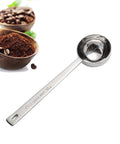 Stainless Steel Coffee Scoop With Long Handle Tablespoon 30 Ml 2 Pack Measuring Spoon next to bowls of coffee beans and grounds