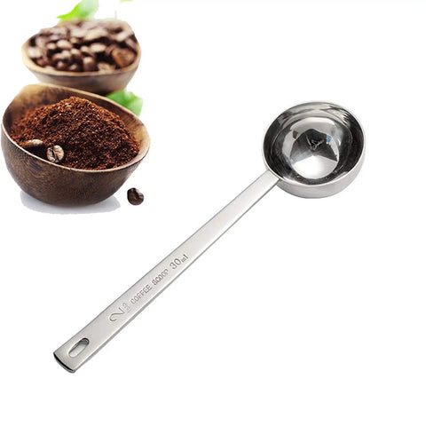 Stainless Steel Coffee Scoop With Long Handle Tablespoon 30 Ml 2 Pack Measuring Spoon next to bowls of coffee beans and grounds