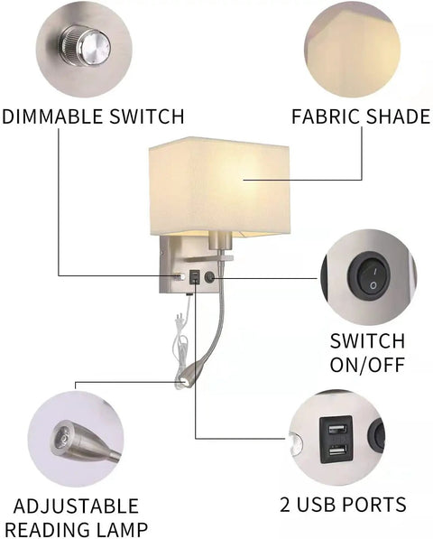 Two Pack Bedside Lights Plug In Wall Sconces With Dual USB Charging Ports Per Lamp Dimmable Reading Lamp Fabric Shade On Off Switch Brushed Nickel Finish Ideal For Home Or Hotel