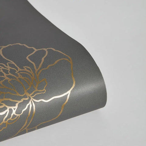 Noir And Metallic Gold Peonies Removable Peel And Stick Floral Wallpaper For Walls, detail of gold peony on slate gray.