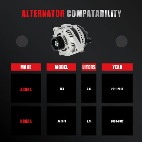 Beefed Up 130 Amp 12 Volt High Output Alternator For Honda Accord 2.4L 2008 2012 And Acura TSX 2.4L 2011 2013 with specs chart