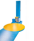Automatic Stretch Film Pallet Wrapper Heavy Duty Workhorse With 65 Inch Turntable And 4400 Pound Capacity showing yellow turntable and blue base.