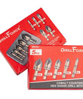 Workhorse Pro Grade Cobalt Countersink Drill Bits Set 5 Piece With M35 HSS Co 82 Degree Five Flutes 1/4 Inch Quick Change Hex Shank