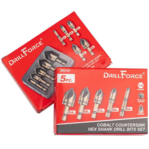 Workhorse Pro Grade Cobalt Countersink Drill Bits Set 5 Piece With M35 HSS Co 82 Degree Five Flutes 1/4 Inch Quick Change Hex Shank