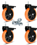 Killer 5 Inch PVC Swivel Casters With Tight Dual Lock Brakes And No Nonsense 3/8 Inch 16 X 1 Stud Handling Up To 1500 Lbs Smooth As Silk Industrial Cart Wheels, set of four with nuts.