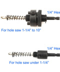 JIECHENG 6-piece hole saw arbor set with 1/4 in hex quick-change arbors for bi-metal hole saws, shown in two views