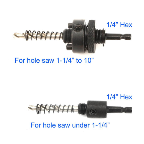 JIECHENG 6-piece hole saw arbor set with 1/4 in hex quick-change arbors for bi-metal hole saws, shown in two views