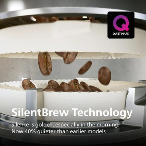 Top Shelf Fully Automatic Espresso Machine With Smart Touch Controls And Smooth Milk Frother For Dope Lattes Cappuccinos And Chill Weekend Iced Coffee Brews Tonight coffee beans dropping into ceramic grinder with SilentBrew technology.