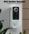 Wireless Video Doorbell With Chime 1080P HD Two Way Talk Night Vision Human Detection Local MicroSD Card Or Cloud Storage No Subscriptions AES Encrypted Cloud Storage Easy Setup installed on wall, shown in rain, IP65 weather resistant