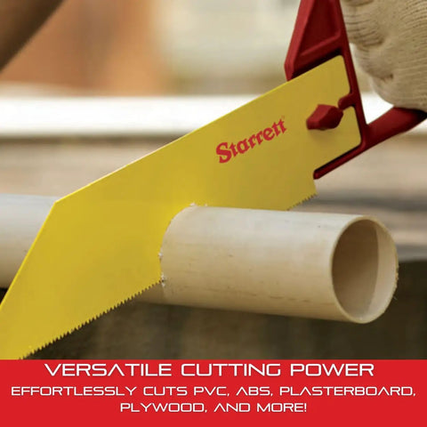 Pro-Grade PVC Saw With 18 Inch Blade cutting PVC pipe, featuring durable yellow blade and ergonomic red handle