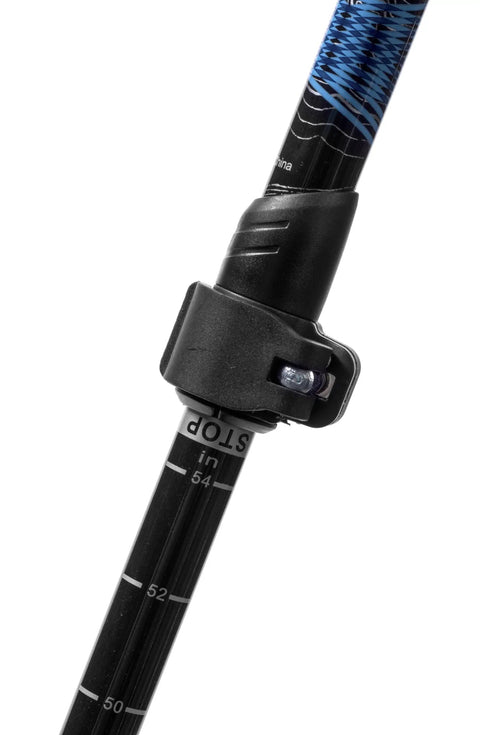 Lightweight Carbon Fiber Trekking Poles Set Of 2 With Quick Adjustable Locks For Hiking And Walking Blue close-up of lock mechanism.
