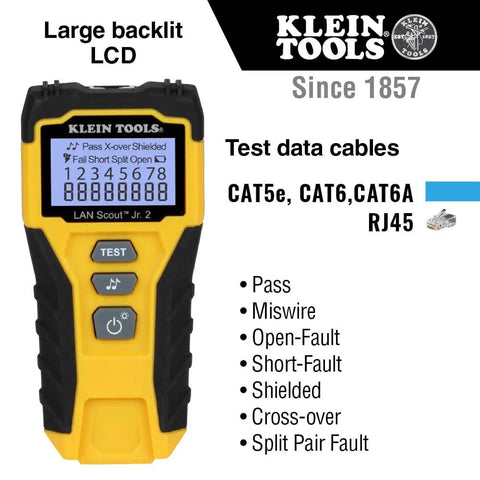 LAN Scout Jr 2 Ethernet Cable Tester For CAT5e CAT6 CAT6A RJ45 Cables With Backlit LCD Wiremap No Guesswork Fault Detection