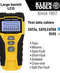 RJ45 Cable Tester Kit With LAN Scout Jr 2 showing backlit LCD for CAT5e, CAT6, CAT6A testing, large LCD display and test buttons.