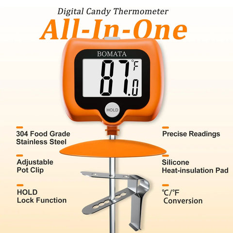 Digital Candy Thermometer With Pot Clip And Rotating Screen Deep Fry Oil Thermometer With Upgraded Silicone Insulation Cap For Accurate Frying Hands Free Readout And Easy Temperature Tracking. 304 stainless steel probe, pot clip