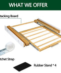 24 Inch Washer And Dryer Stacking Kit with Pull Out Shelf and Ratchet Strap, including bamboo board, strap, and rubber stands.
