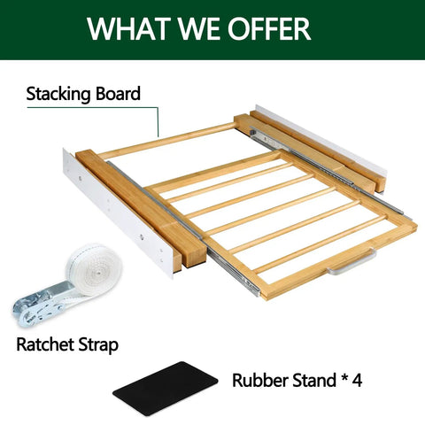 24 Inch Washer And Dryer Stacking Kit with Pull Out Shelf and Ratchet Strap, including bamboo board, strap, and rubber stands.