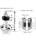 Front and side views of two-piece Aramox 316 stainless steel door stopper and holder for RV, boat, home use.