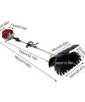 52CC Gas Walk Behind Sweeper Powered By A Muscle 2.3HP Two Stroke Engine with dimensions for detailed specifications.