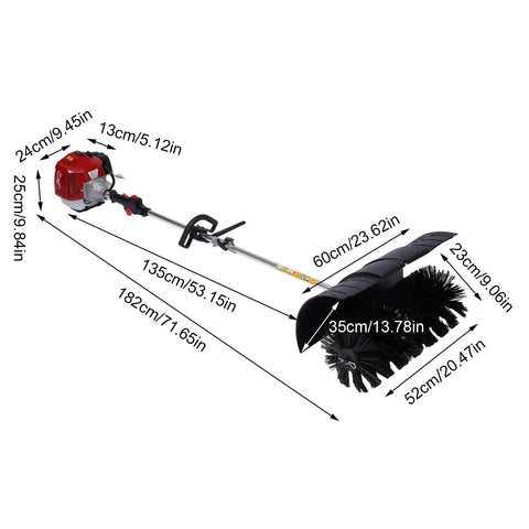 52CC Gas Walk Behind Sweeper Powered By A Muscle 2.3HP Two Stroke Engine with dimensions for detailed specifications.