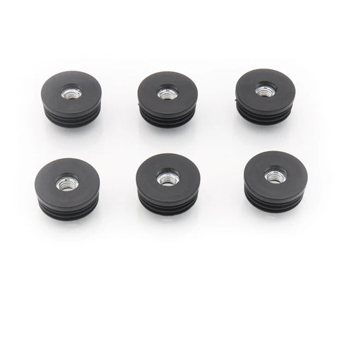 Six Pack 32mm Threaded Tube Plugs With M8 Holes, Black Plastic Round Nut End Caps For Furniture Legs, top view