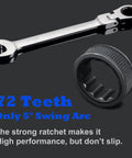 Flexible Ratcheting Wrench Set With 12 Pieces 8 To 19mm Metric Spanner Gear Kit showing 72 tooth ratchet and 5° swing arc.