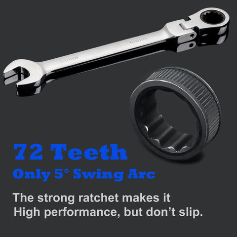Flexible Ratcheting Wrench Set With 12 Pieces 8 To 19mm Metric Spanner Gear Kit showing 72 tooth ratchet and 5° swing arc.