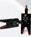 Mini Pneumatic Parallel Gripper J1060 with extended jaw, black and red design, for precise pick and place, shown in dual positions.