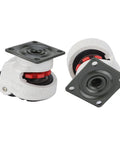 Heavy Duty Workbench Caster Kit Set Of Four Retractable Swivel Wheels With Quick Adjust Leveling Plates showing two swivel wheels with red accents.