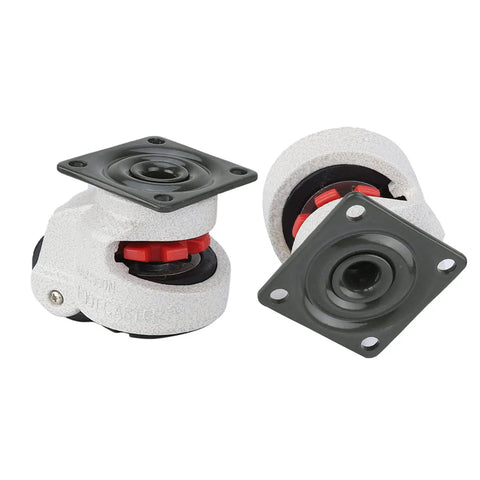Heavy Duty Workbench Caster Kit Set Of Four Retractable Swivel Wheels With Quick Adjust Leveling Plates showing two swivel wheels with red accents.