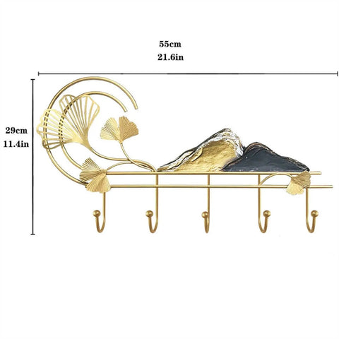 Heavy Duty Wall Mount Coat Rack With Five Slick Metal Hooks top shelf entryway organizer with golden decor for jackets hats and scarves.