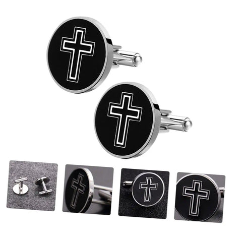 Cross Cufflinks For Men Titanium Steel Decor Fasteners Black Shirt Buttons 1 Pair shown in detail with cross design